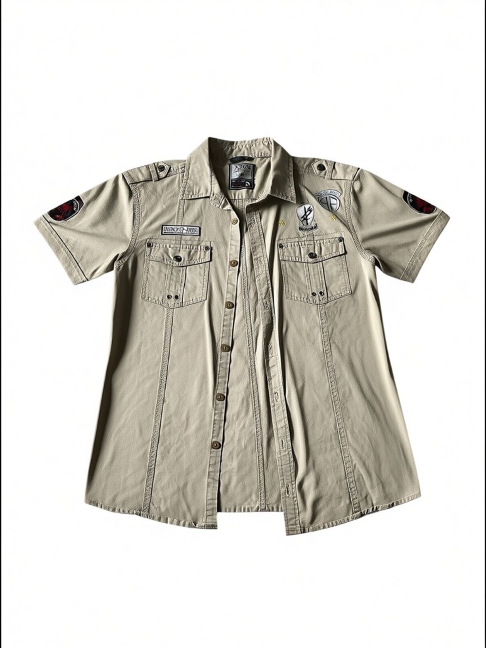 XIOS New York Men’s Tapered Fit Utility Shirt - Tan Military Style Patches - S
